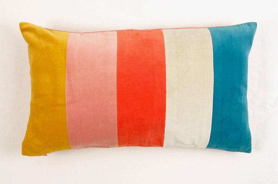 Cotton Velvet Lumbar Pillow Cover - Rugby Stripe in Retro